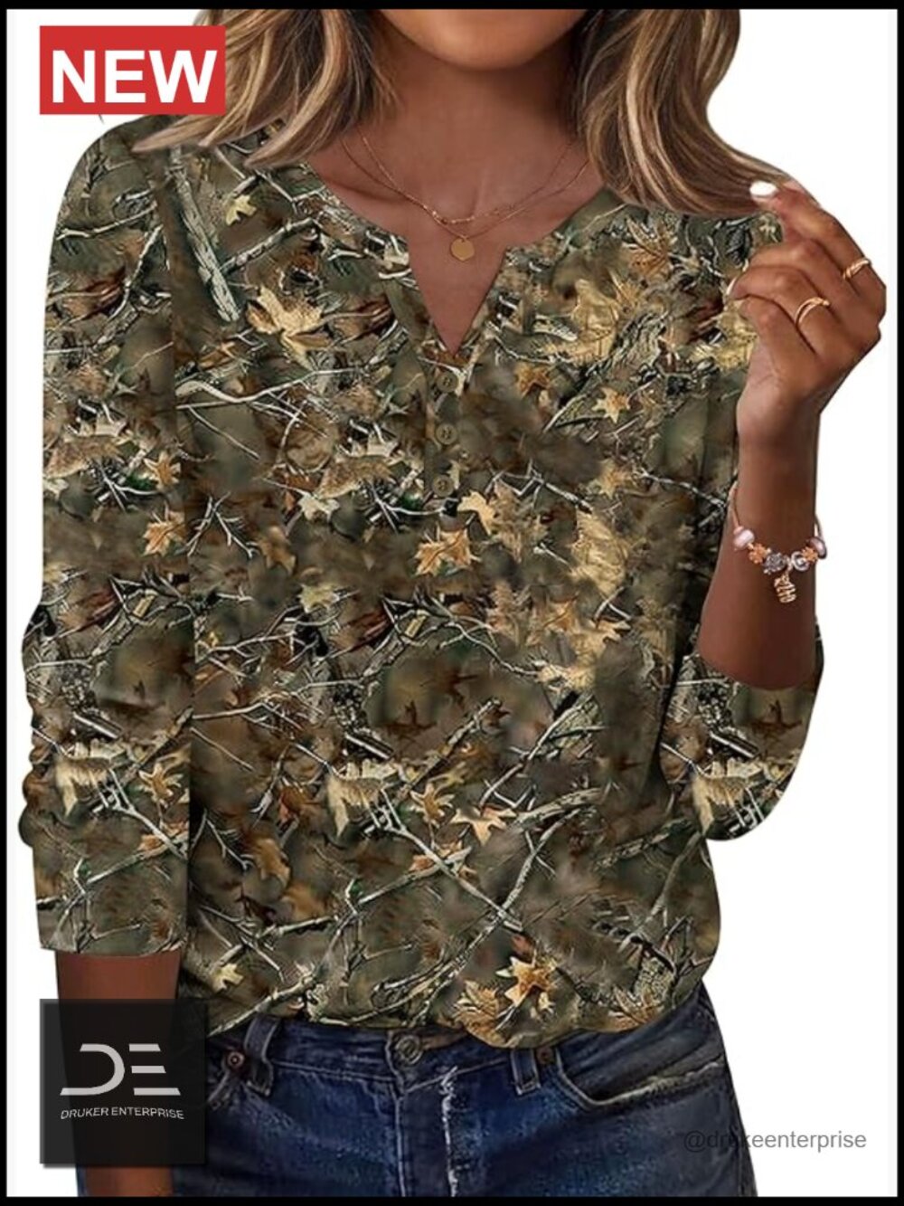 Long Sleeve V Neck Blouse with Leaves Print Soft Lightweight